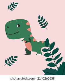 rosafarbener Hintergrund mit Blättern und süßer Dinosaurier-Cartoon