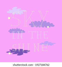Pink background with lettering Sky in the shine with purple clouds and yellow stars. A screenshot of a video game. Vector illustration.