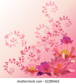 pink background with lily and lotus flowers illustration