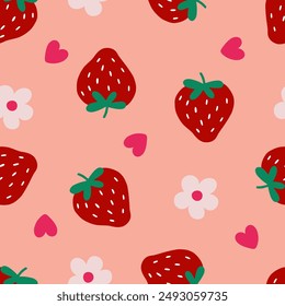 Pink background with little hearts, adorable red strawberries and delicate flowers in a charming pattern