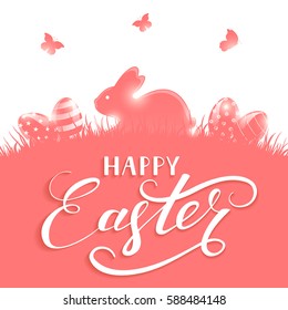 Pink background with little rabbit and Easter eggs in a grass, holiday lettering Happy Easter, illustration.