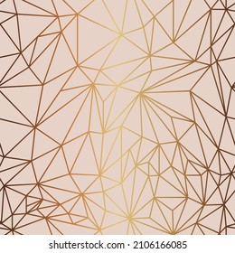 Pink background and low poly gold lines seamless pattern. Spring wedding invitation, modern post cover layout. Dye flow style. Vector illustration.