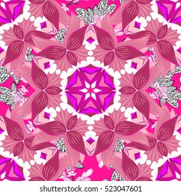 Pink background with mandalas and flowers. Vector.