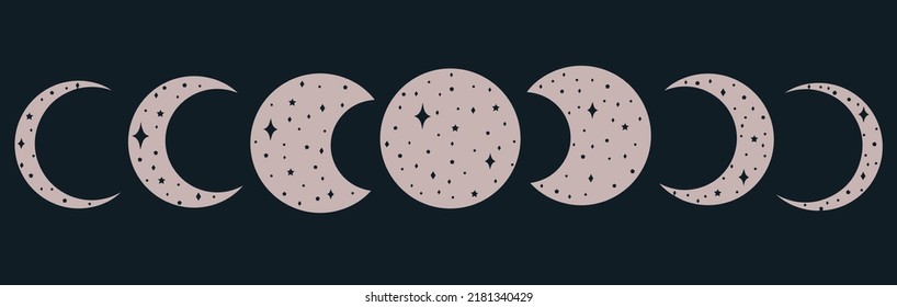 Pink background with moon cycle and with stars. Magical vector art