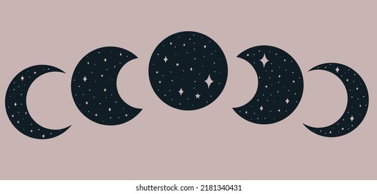 Fondo rosa con ciclo lunar y con estrellas. Arte vectorial mágico