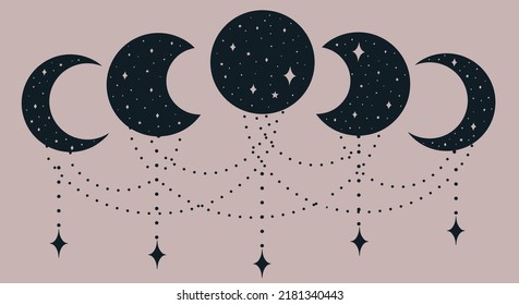 Pink background with moon cycle and with stars. Magical vector art