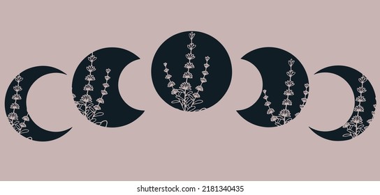 Pink background with moon cycle with wild flowers.