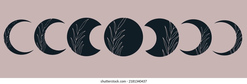 Pink background with moon cycle with wild flowers.