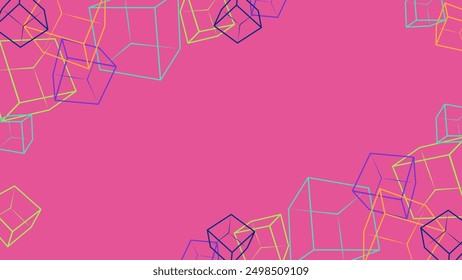 Pink background with multicolored bright green, orange, blue, neon cubes with free space for text