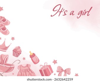 Pink background with newborn elements for baby shower celebration, featuring cute icons and decorative details for It's a girl theme
