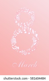 Pink background with number eight, white stripe, lettering, and congratulations on March 8. Romantic pattern. March 8 greeting Card. World Day of the woman. International Women's Day