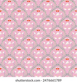 ฺright pink background with one pigeon Surrounded by flowers and leaves
