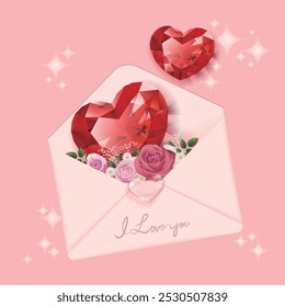 Pink background, open envelope with roses and red heart jewelry, suitable for Valentine's Day