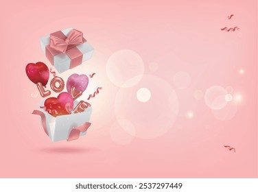 Pink background, open gift flying with red and pink heart balloons and "LOVE" letters, suitable for Valentine's Day, Mother's Day, etc.