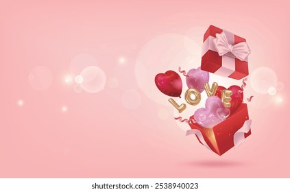 Pink background, open gift flying with red and pink heart balloons and "LOVE" letters, suitable for Valentine's Day, Mother's Day, etc.