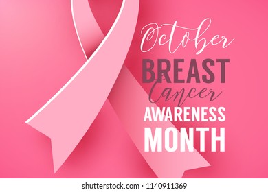 Pink background with paper ribbon symbol of breast cancer october awareness month campaign