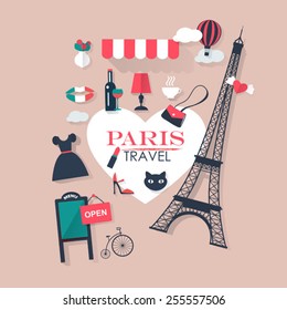  pink background Paris tourism concept image.Vacation flat vector french icons