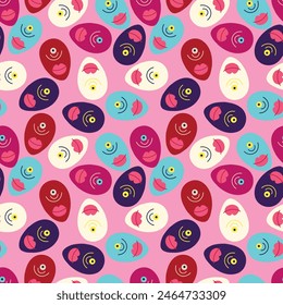 A pink background with a pattern of faces and lips. The faces are all different colors and sizes, and the lips are pink. Scene is playful and whimsical
