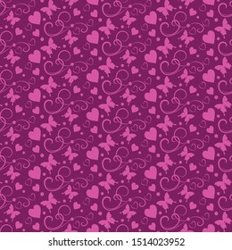 Pink background pattern. Background image in a modern style. Seamless floral pattern with butterflies, wallpaper texture. Vector image