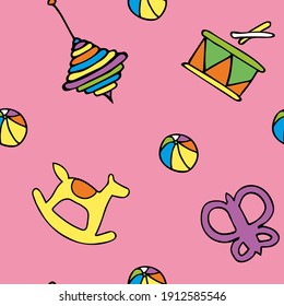 Pink background pattern with kids toys, butterfly and horse, drum. Vector illustration. Design for wallpaper and wrapping, fabric and textile.