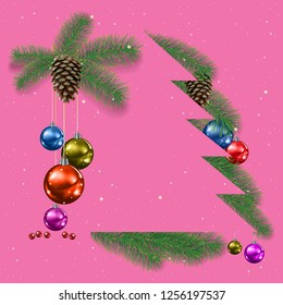 Ð¡hristmas pink background with pine branches and decorations