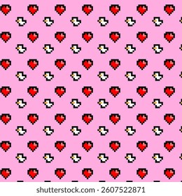 Pink background with pixelated red hearts and white ducks pattern