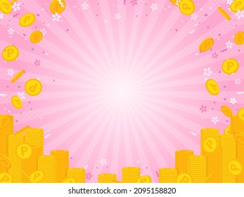 pink background with point coins, cherry blossoms and confetti