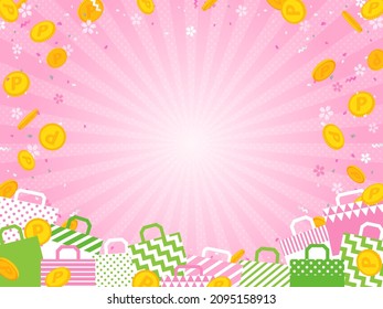 pink background with point coins, cherry blossoms, confetti and shopping bags