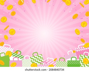 fondo rosa con monedas de puntos, confiti y bolsas de compras