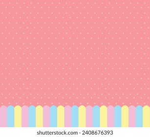 Pink background with polka dot, stripes and pastel color for wallpapers, themes, banners, cards, flyers and social media. 
Cute pink wallpaper. 
Pink, blue and yellow stripes below.