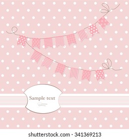 Pink background with polka dots and garland with flags.Vector.