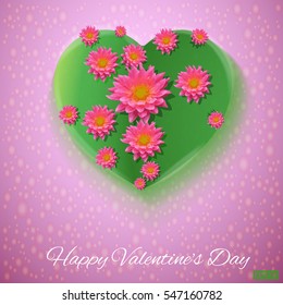 Pink background. Postcard heart. Valentine's day. I love you. Flowers