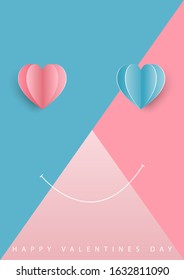 Pink background poster with blue heart shaped eyes, pink and white side in the shape of the mouth the concept of smiling faces in valentine's day vector illustration, paper cut in blue background
