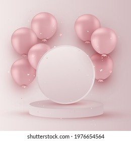 Pink background for product presentation.Winner pedestal in studio,helium balloons, decoration.Template for advertising, promotional sales, cosmetics ads.Vector. - Shutterstock ID 1976654564