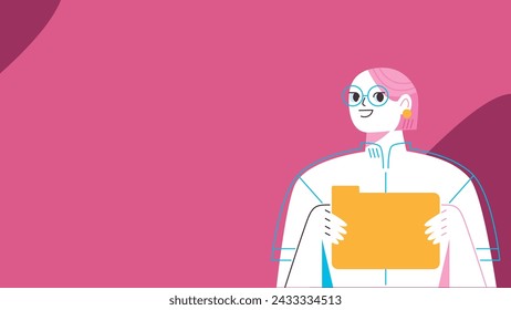 Pink background for professional medical presentation, slideshow with illustration and space for text, doctor in white coat holding yellow folder, doctor explains health instructions to patient