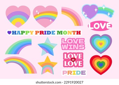 A pink background with rainbow hearts and the words about love for Pride Month. Happy June's Pride Month. Love wins