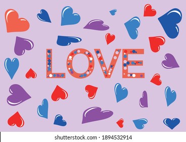 pink background, it randomly arranged colorful hearts surrounding the word love