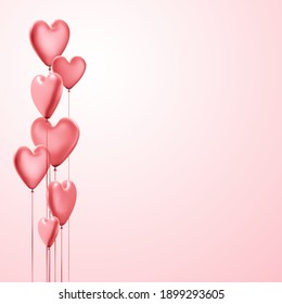 Pink background with realistic 3d heart balloons. Vector illustration.