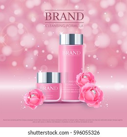 Pink background with realistic 3D vector moisturizing cosmetic cleansing premium products. Aqua Premium VIP cosmetic ads, hydrating Rose Packaging Cream and Body Lotion with blue roses and diamonds