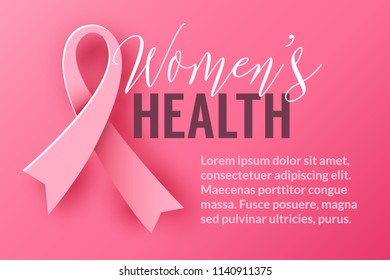 Pink Background With Realistic Paper Ribbon Symbol Of Breast Cancer Awareness Month Campaign And Lettering Womens Health