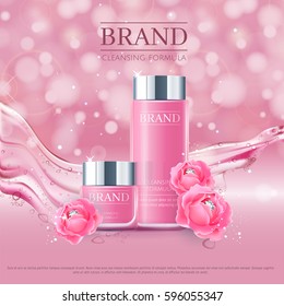 Pink background with realistic vector moisturizing cosmetic cleansing premium products. Premium VIP cosmetic ads, hydrating Rose Packaging Cream and Body Lotion with blue roses, diamonds and splash