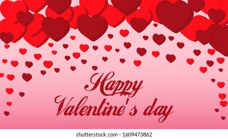 Pink background with red big and small hearts falling from the top with place for text. Happy Valentine's day. Pattern with hearts for Valentine's day. Card for 14 february