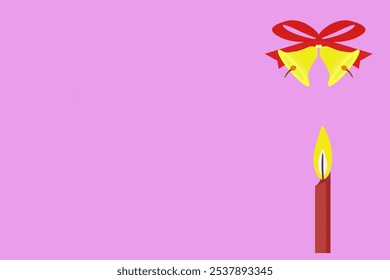 Pink background with red bow and double gold bells in upper right corner,and red candle with yellow flame in lower right corner
