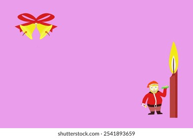 Fundo rosa com arco vermelho e sinos dourados duplos, e vela vermelha com chama amarela ao lado de Santa
