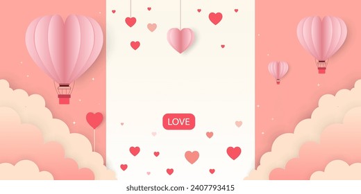 pink background with red hearts, clouds, hot air balloons, heart balloons and paper hearts ,For Valentine's Day sales banners,posters or valentine card,Love background,Vector illustration