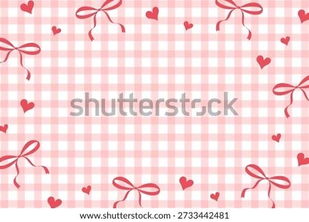 pink background with red ribbon bows and hearts on gingham