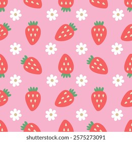 Pink background, red strawberries, white daisies, seamless pattern.
