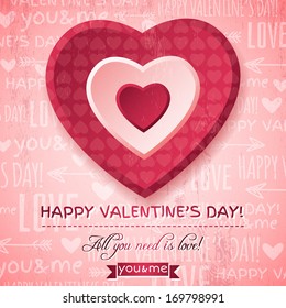 pink background with  red valentine heart and wishes text,  vector illustration