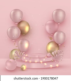 Pink background. Room with rose podium, helium balloons. Scene mockup for advertising, promotional sales, cosmetics ads. Celebration concept.Realistic vector.