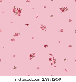 Pink background and pink roses ditsy seamless fabric design pattern